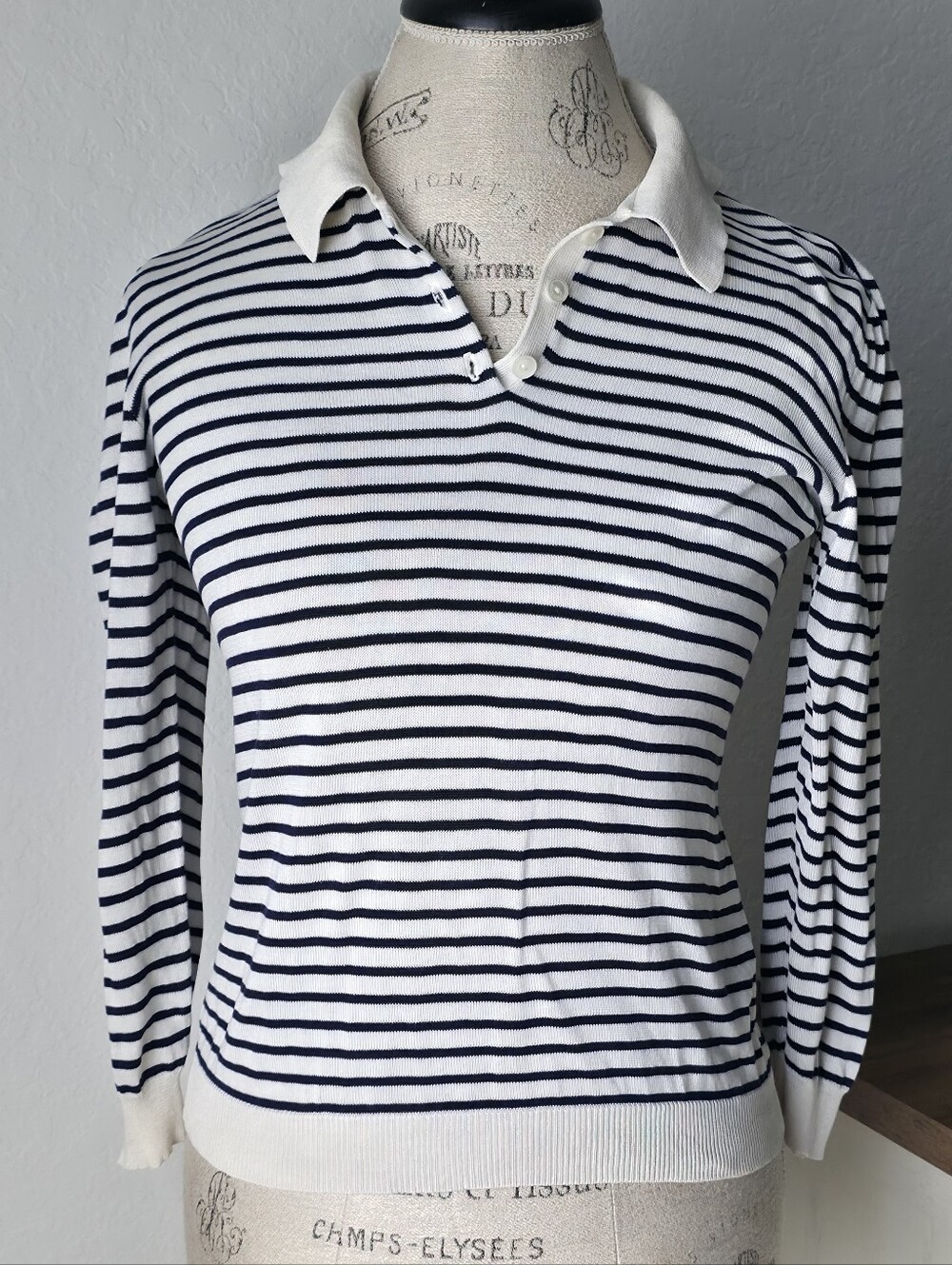 Ralph Lauren Golf Long Sleeve Knit Striped Polo 100% Silk White&Navy Collared M